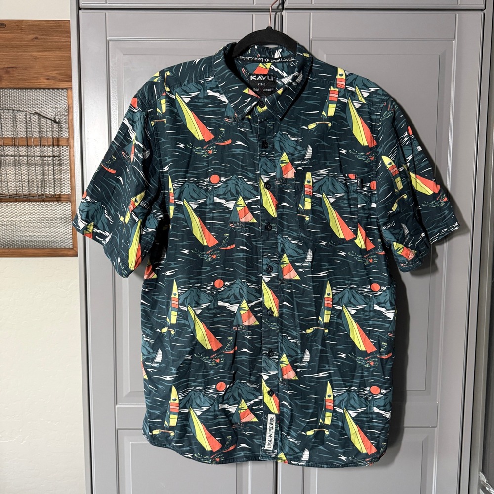 Kavu Mens Festaruski Night Sail Button Down Shirt, Dark Teal,